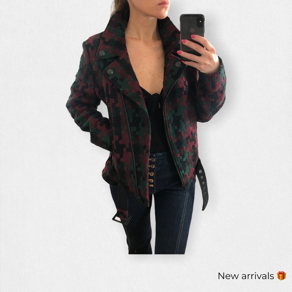 Balmain tweed green red wool moto biker jacket s m